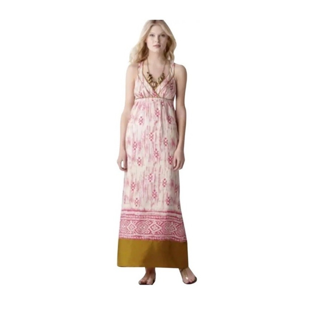 Ann Taylor Loft Silk Maxi Dress Size 0 Pink and Ivory Print Olive green Border